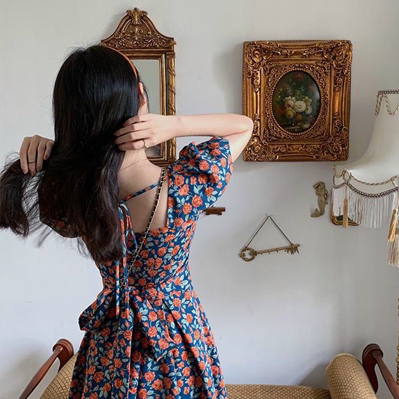 Váy Hoa Nhí Ulzzang Phong Cách Retro Họa Tiết Tay Bồng