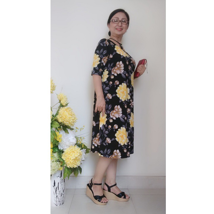Size 3XL: 77 - 85Kg - Váy Đầm Suông Trung Niên Hoa Đẹp Có Túi - Thun Aty Co Giãn Tốt