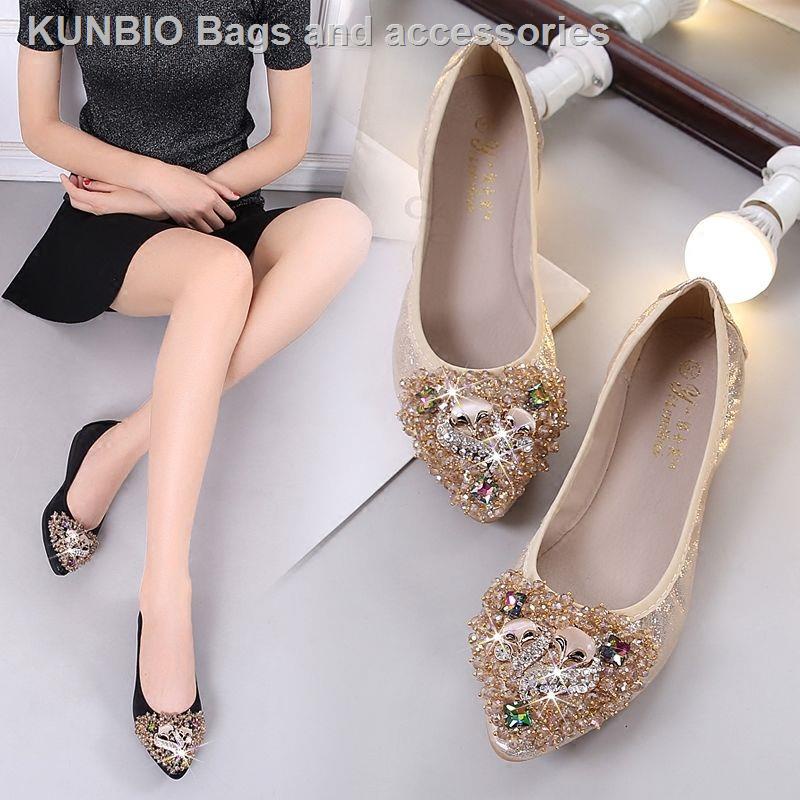 Giày búp bê mũi nhọn đính đá thời trang xuân thu mới cho nữ