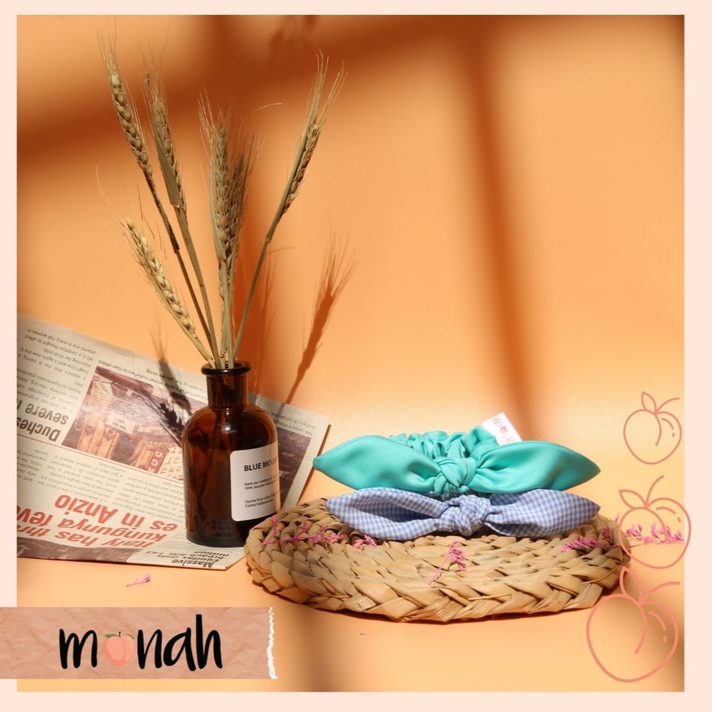 Dây buộc tóc, cột tóc scrunchie thắt nơ tai thỏ caro xanh biển trẻ trung