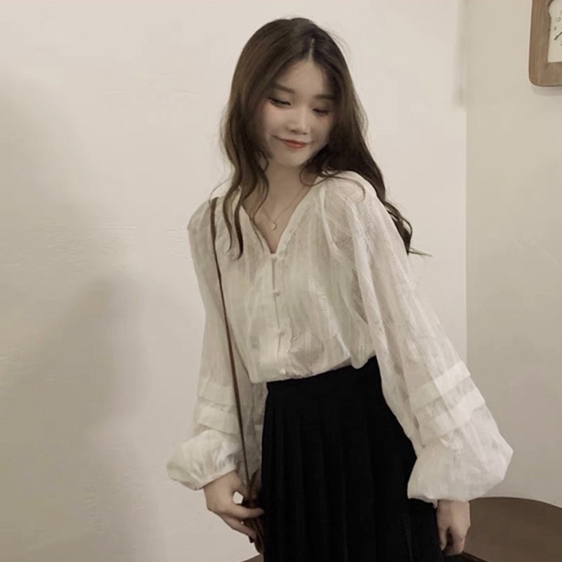 Áo Sơ Mi Ren Nữ Tay Bồng Bo Chun Xếp Ly, Cổ V [Sẵn/Ảnh thật cuối]