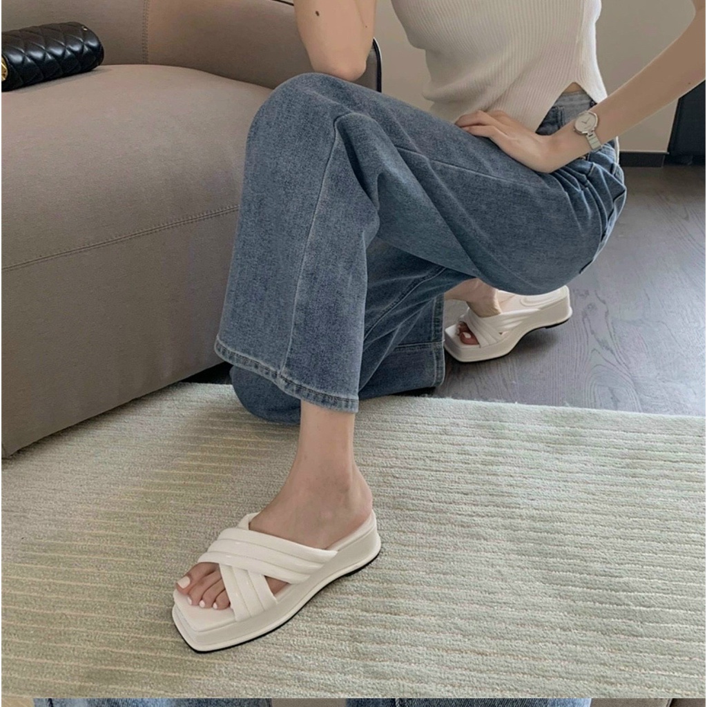 Dép xuồng đế cao nữ HALEY STORE quai chéo phồng hottrend tiện lợi dễ đi mềm mại êm chân rẻ bền đẹp