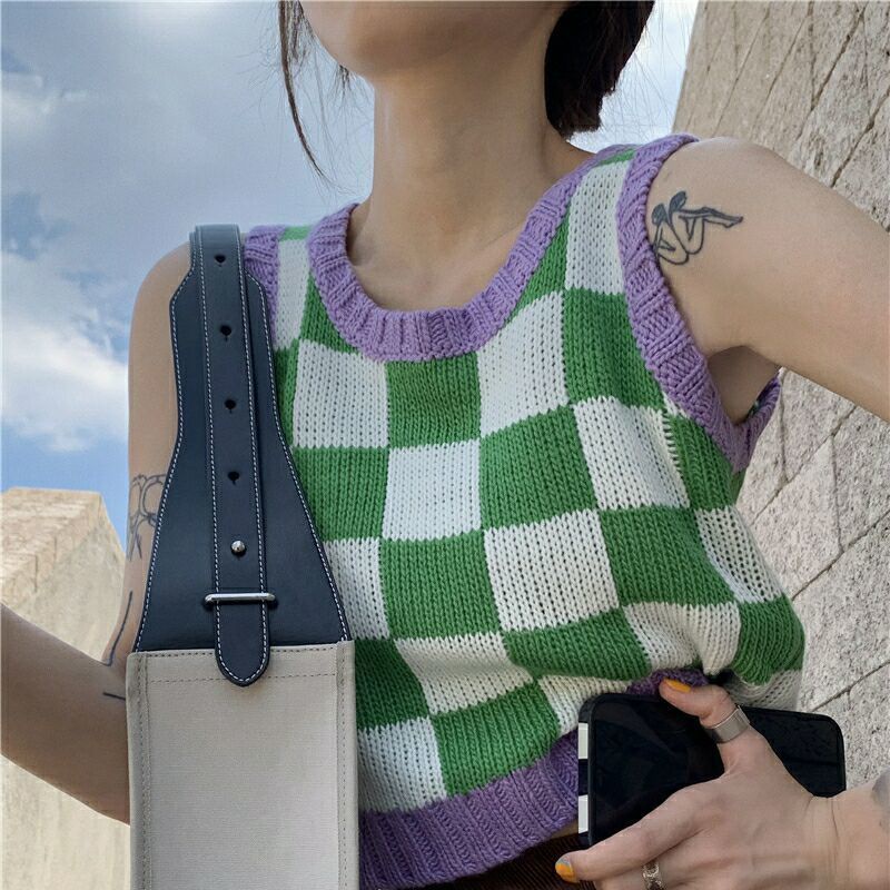 Áo dệt kim không tay họa tiết sọc caro thời trang cho nữ