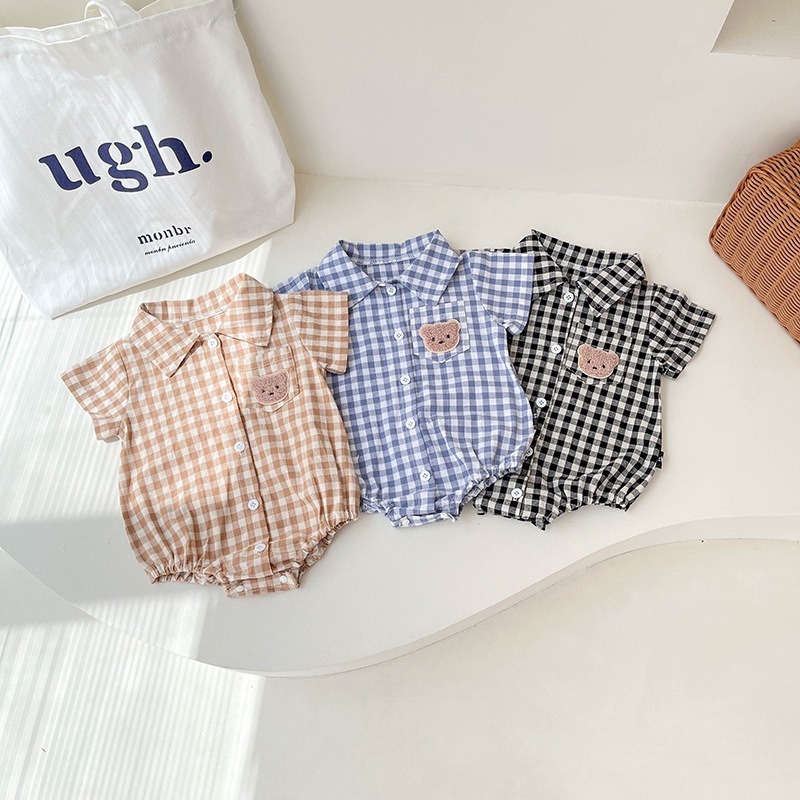 Bộ Áo Liền Quần Tay Ngắn Chất Liệu Cotton In Họa Tiết Kẻ Ô Gấu Thời Trang Mùa Hè Cho Bé Trai