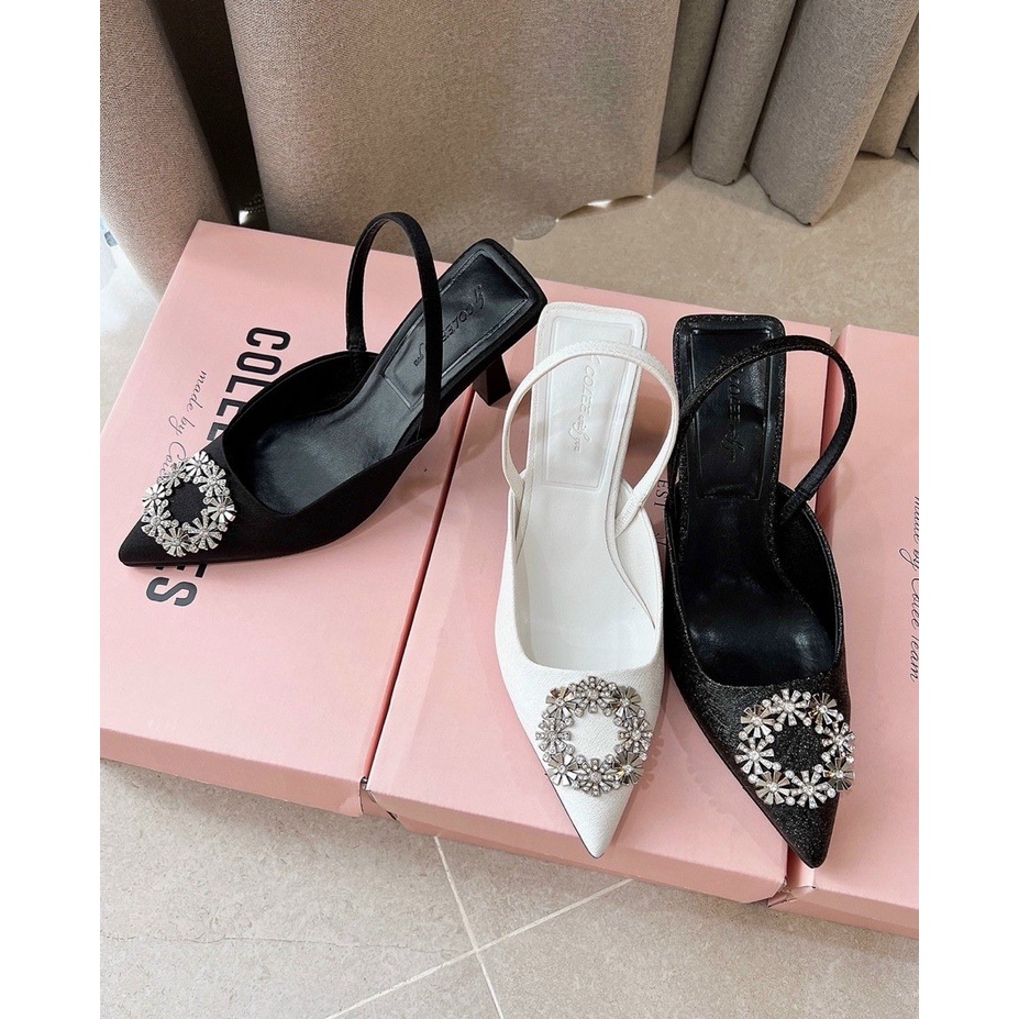 Giày cao gót nữ 5p kiểu dáng sandal slingback nơ hoa đá sang trọng GUUEM - GCL124
