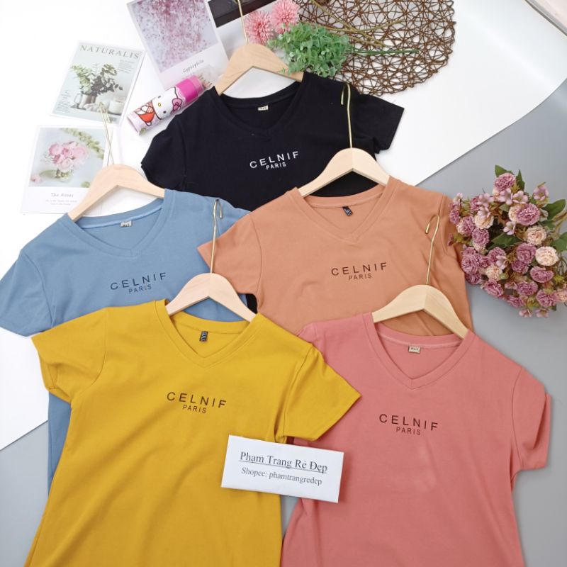 Áo thun cộc tay nữ cổ tim in 1 dòng chữ CELNIF chất cotton thái co giãn dáng ôm body AT17 - phamtrangredep shop