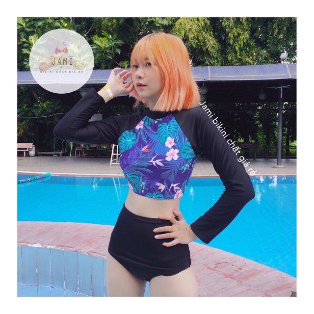 ĐỒ BƠI NỮ TAY DÀI KÍN ĐÁO PHỐI HOA XANH ĐỒ BƠI HỌC SINH quần đùi váy quần [CÓ SIZE] KÈM MÚT LÓT THUN LANH CAO CẤP  ATD28