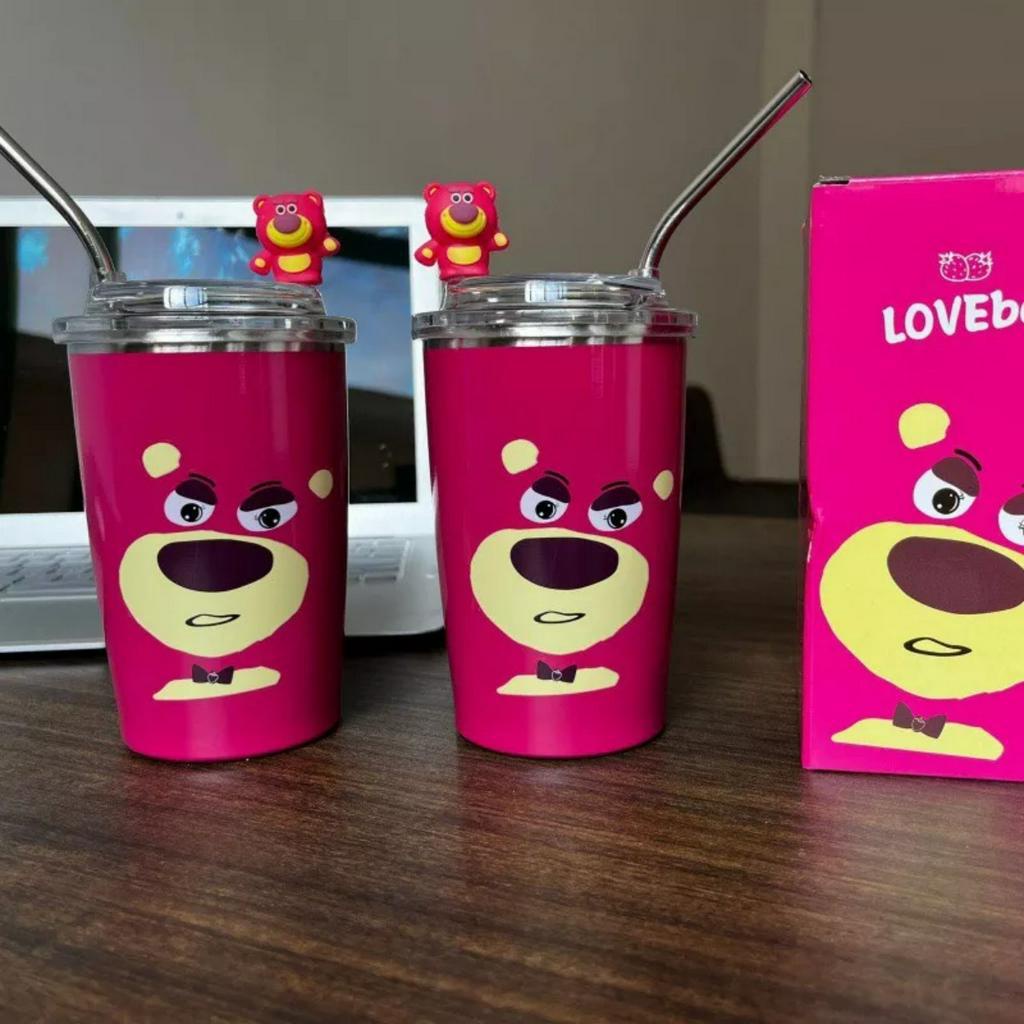 Ly Gấu Dâu Losto, Ly Giữ Nhiệt Tiện Dụng Kèm Ống Hút Bằng Thép Không Gỉ Dung Tích 450Ml Kèm Ống Hút