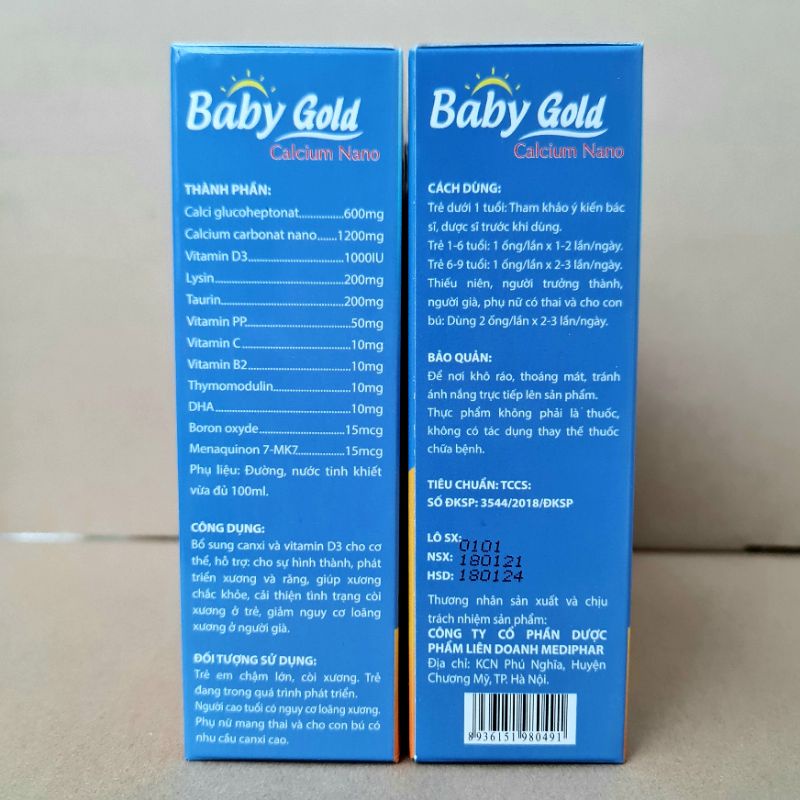 Baby Gold Calcium Nano bổ sung canxi, chống còi xương suy dinh dưỡng - Hộp 20 ống