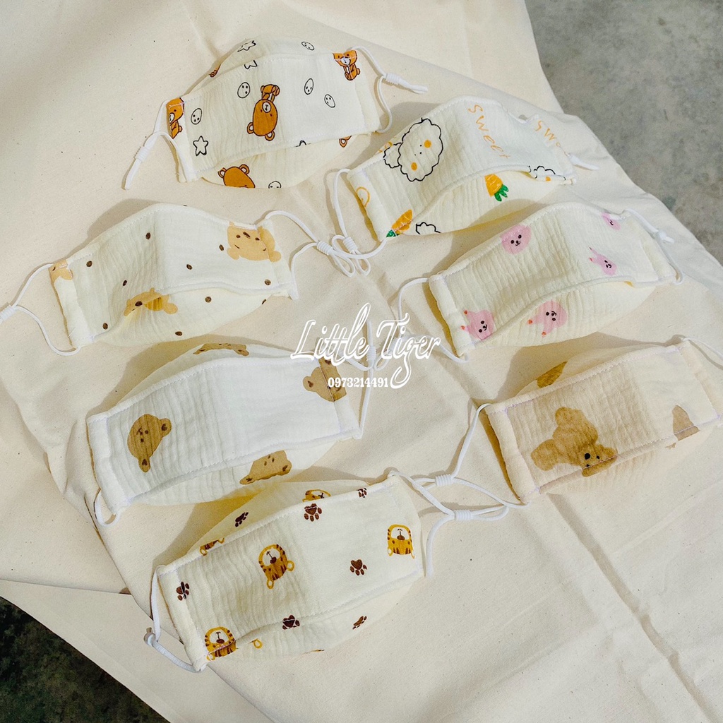 Khẩu trang vải 2 lớp cho bé từ 0- 3 tuổi - Khẩu trang xô muslin Little Tiger cao cấp có dây đeo điều chỉnh