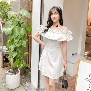 váy đũi trắng bèo bệt vai, đầm trắng hở vai viền bèo kA