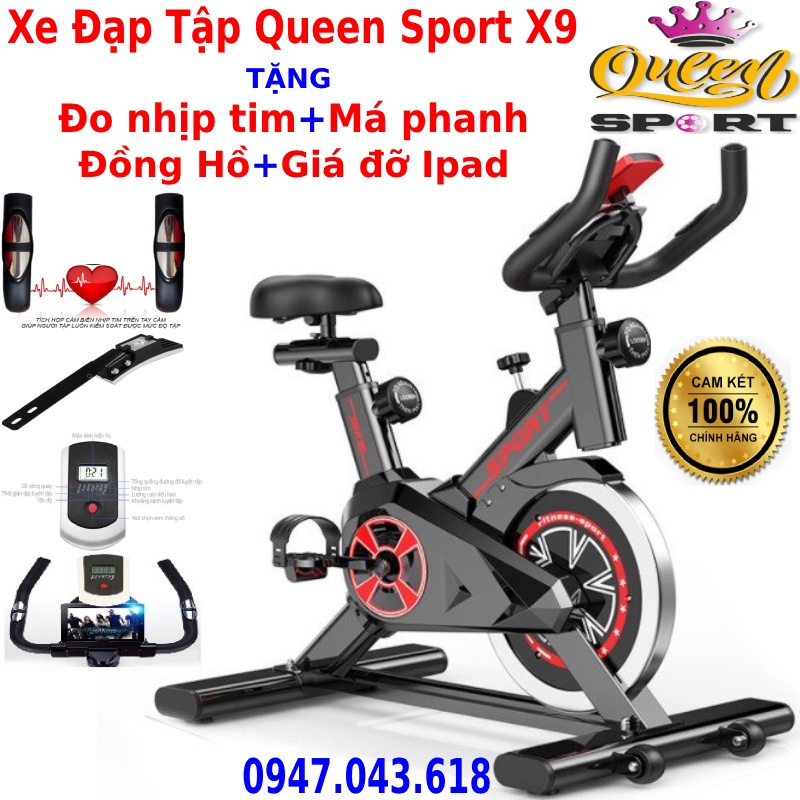 Xe đạp tập thể dục tại nhà Queen Sport X9 tặng bình nước +má phanh dự phòng + đo nhịp tim +đồng hồ 6 chỉ số +giá đỡ ipad