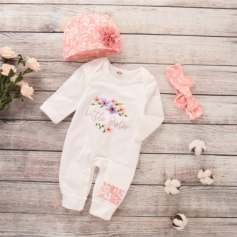 Newborn Toddler Baby Girl 3PCS Set Cotton Cute Romper Long Sleeve Floral Letters Print Bodysuit + Headband & Hat