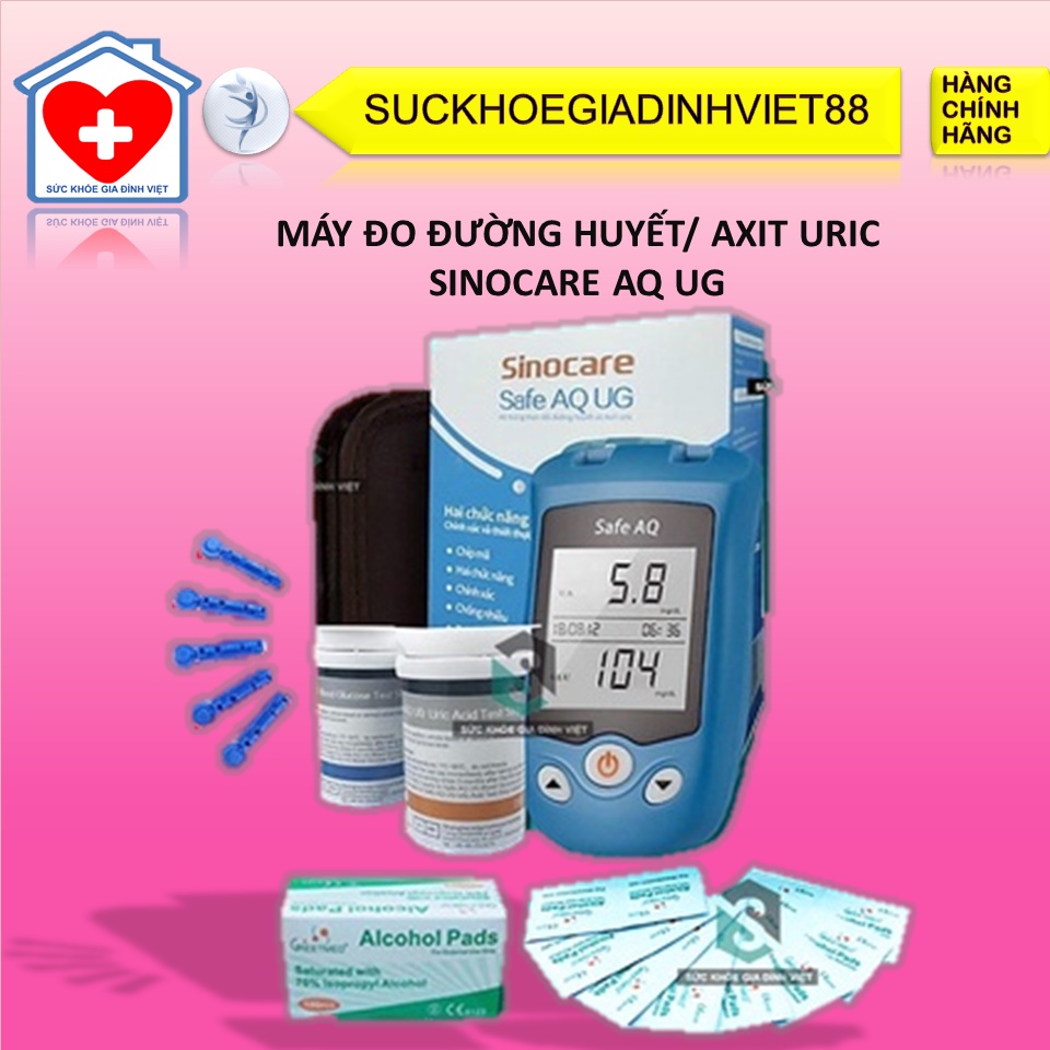 Bộ Máy đo và que thử Axit Uric / Đường huyết cho máy Sinocare Safe AQ UG Tặng kim chích máu