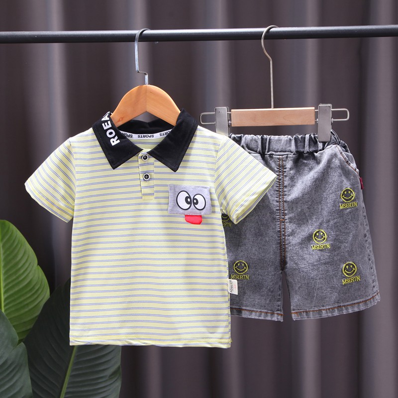 Set Áo Thun Tay Ngắn Kẻ Sọc + Quần Short Denim Thêu Hình Mặt Cười Dễ Thương