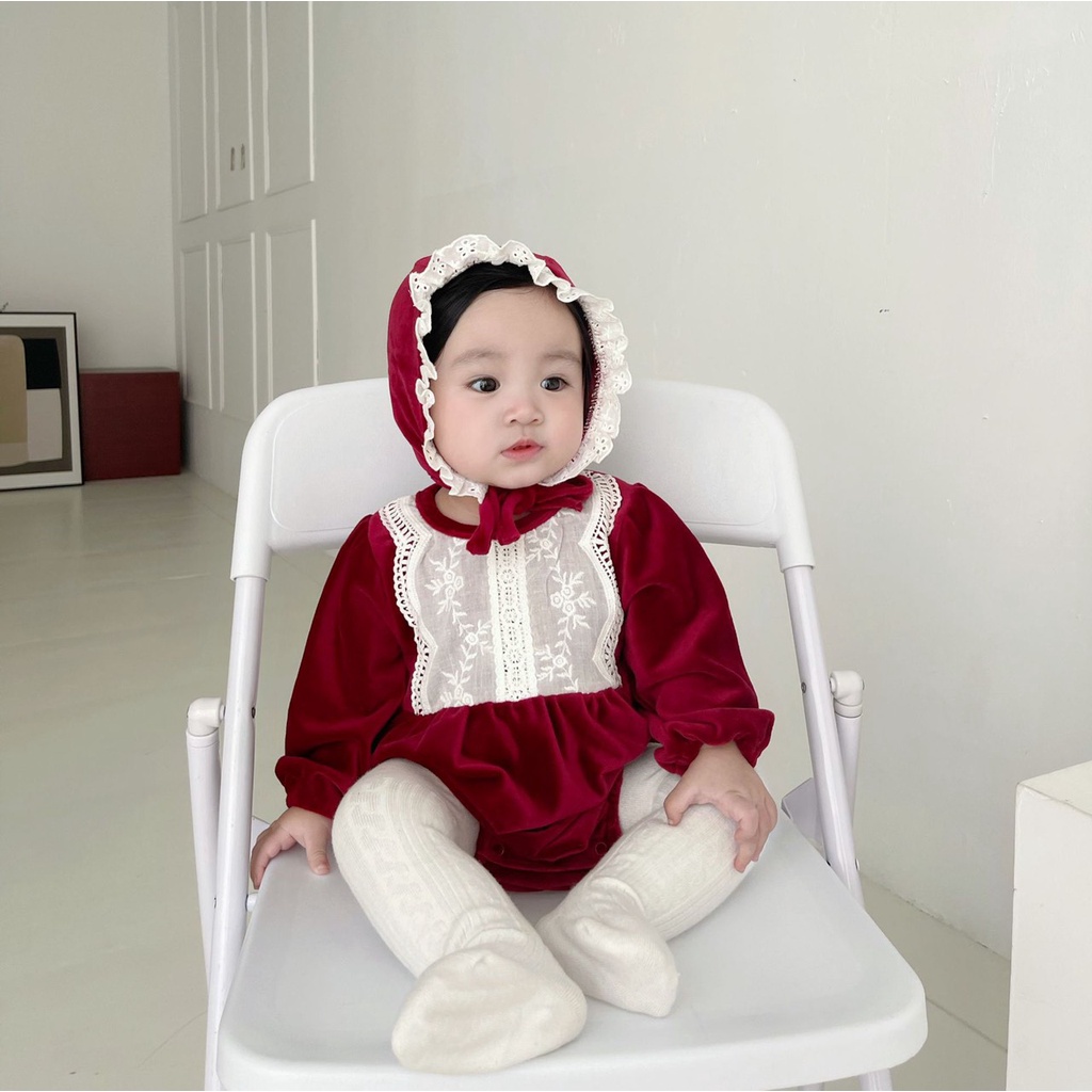 Body nhung đỏ bèo trắng ngực kèm mũ Hàn Quốc tiểu thư xinh xắn cho bé diện Noel, diện Tết, tiệc đầy tháng thôi nôi