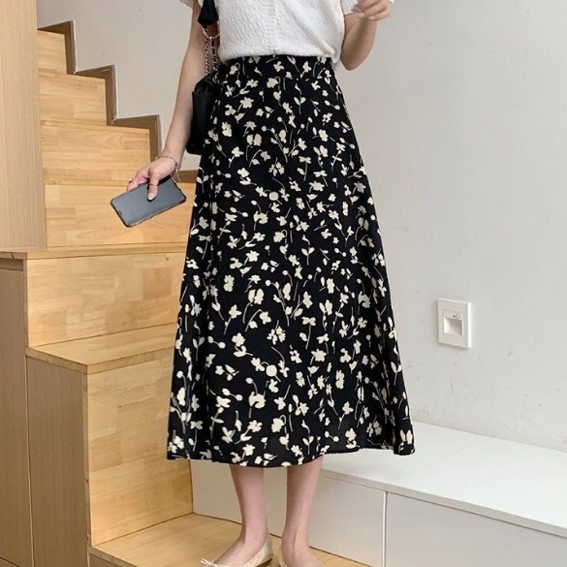 Chân váy chiffon Ielgy chữ A lưng cao co giãn họa tiết nhành hoa dành cho nữ