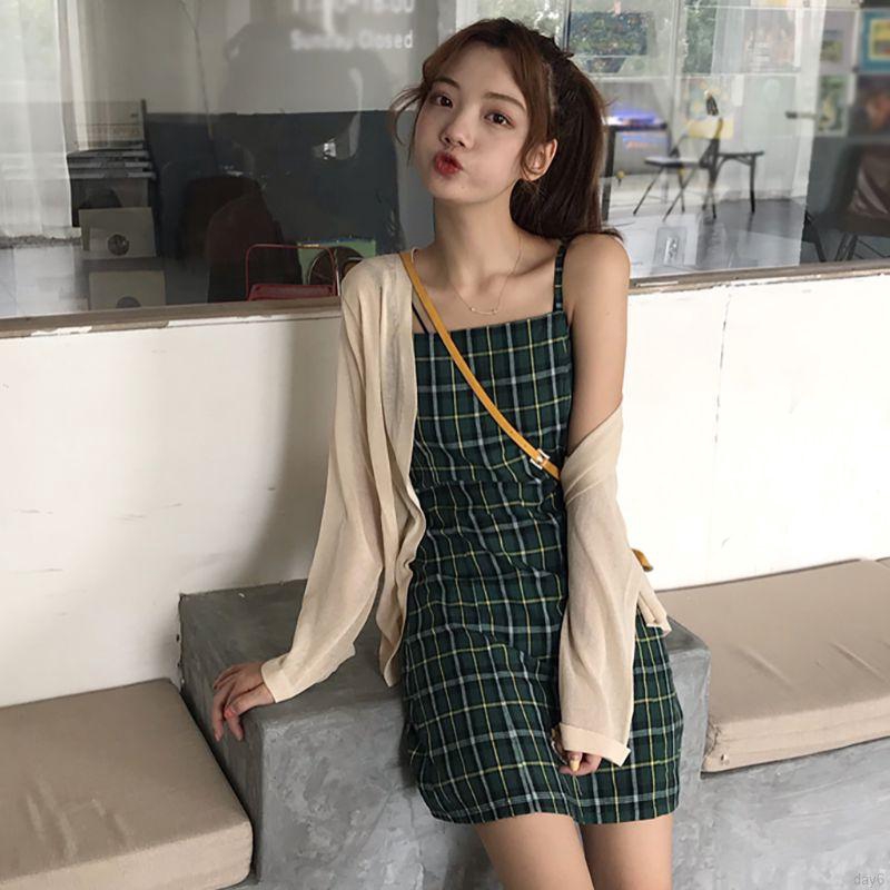 Đầm Nữ Hai Dây Ôm Dáng Họa Tiết Caro Phong Cách Hàn Quốc
