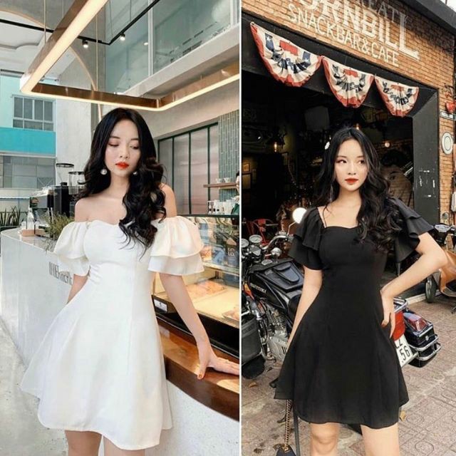 Đầm trắng rớt vai tay bèo 2 lớp - Mina Dress - Dáng xòe-Pink moon store