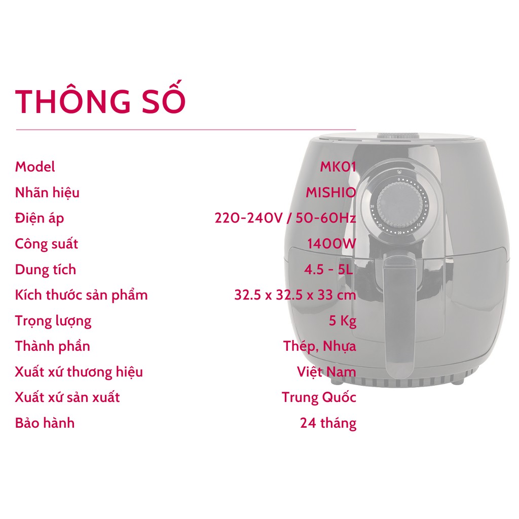 [Mã ELHADEV giảm 4% đơn 300K] Nồi Chiên Không Dầu Mishio MK01 New 3.8L