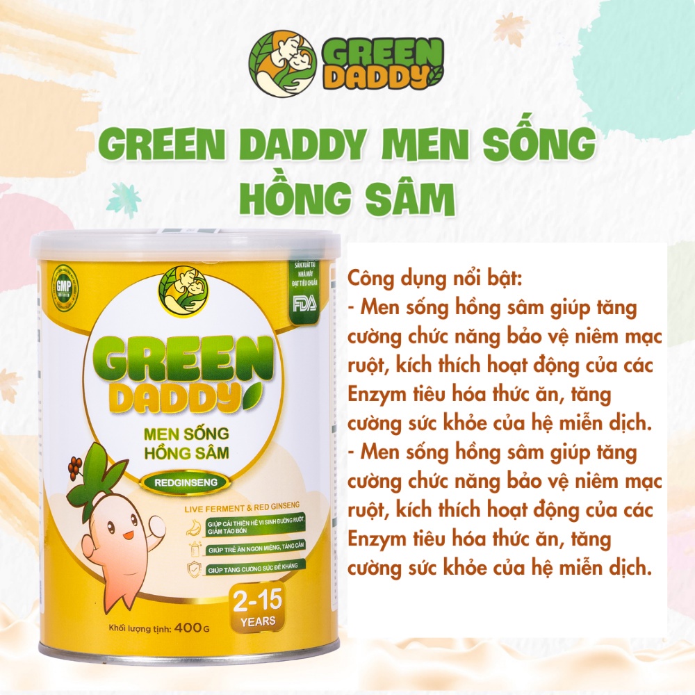 Sữa men sống hồng sâm Green Daddy bổ sung chất sơ cải thiện táo bón, hệ tiêu hoá kém cho trẻ từ 2-15 tuổi hộp 900g