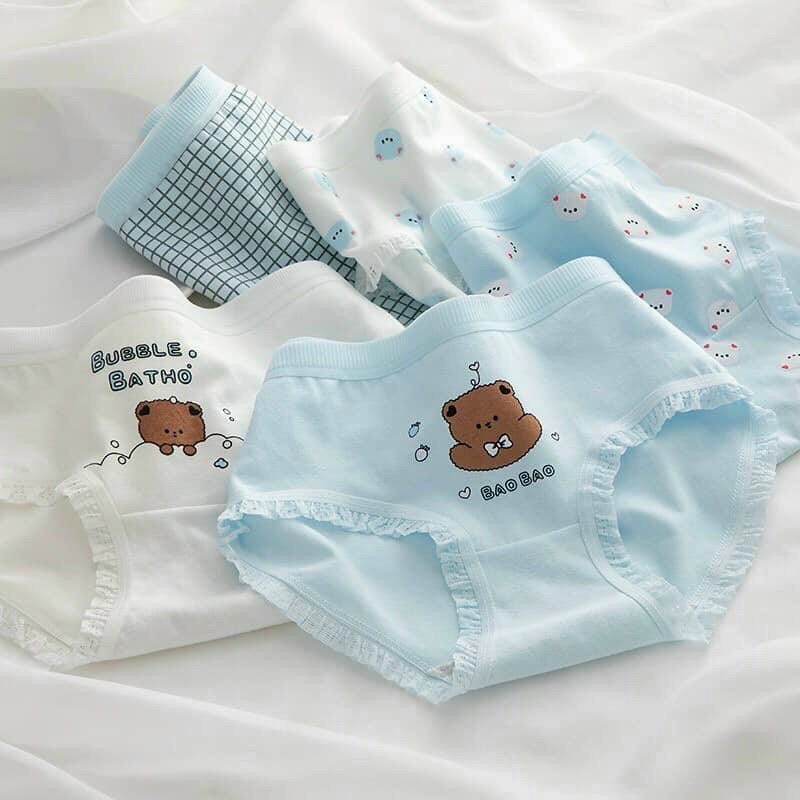 Quần Lót Nữ ❤️ Quần Cotton Nữ Viền Phối Hình Gấu Xanh Điệu Đà Tôn Dáng_Mã 8039