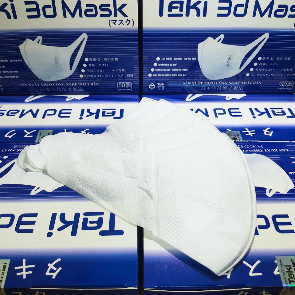 Khẩu trang 3d mask Taki hộp 50 cái kháng khuẩn, có logo tem niêm phong, chống bụi mịn công nghệ dập Nhật Bản form ôm mặt