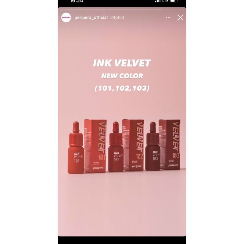 (Màu mới 101,102,103)Son kem lì INK VELVET peripera 4g màu mới