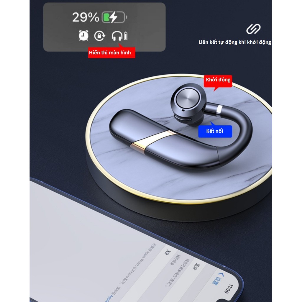 Tai nghe bluetooth 5.0  móc tai xoay 180 độ, kết nối 2 điện thoại, pin 300mAh, nghe nhạc 36 giờ, đàm thoại 48 giờ .