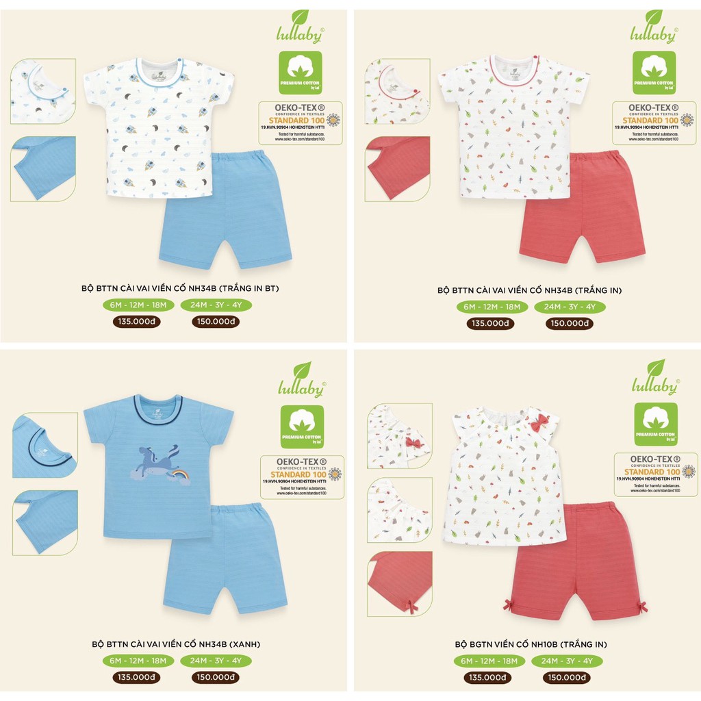 Bộ cộc tay Lullaby cài vai cotton cao cấp bé trai/bé gái