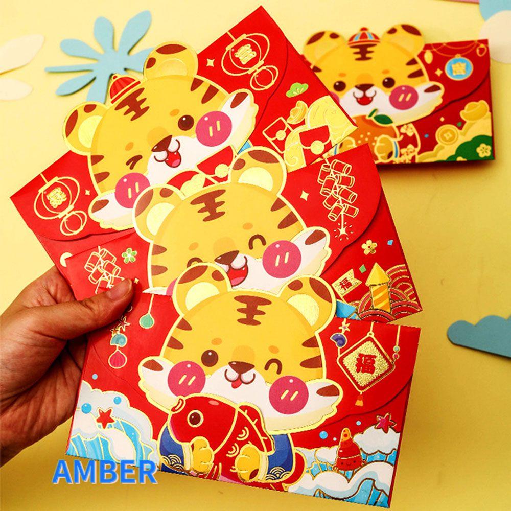 Bộ 4 Bao Lì Xì Năm Mới Họa Tiết Hổ Phách Hoạt Hình Phong Cách Trung Hoa May Mắn