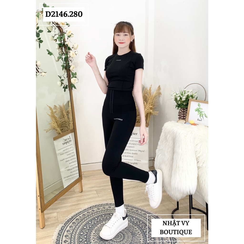 Quần Legging Nữ NHẬT VY Lưng Cao Phối Đai Điều Chỉnh Màu Đen – D2146