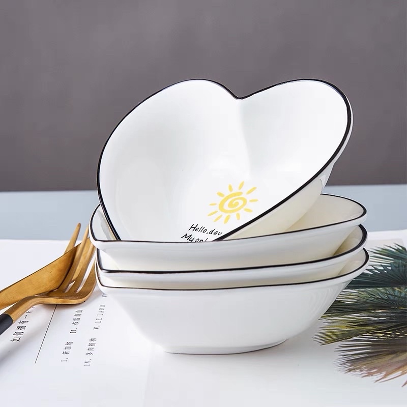 Chén sứ viền đen hình trái tim, bát sứ hoá tiết dễ thương, chén bát đựng chè