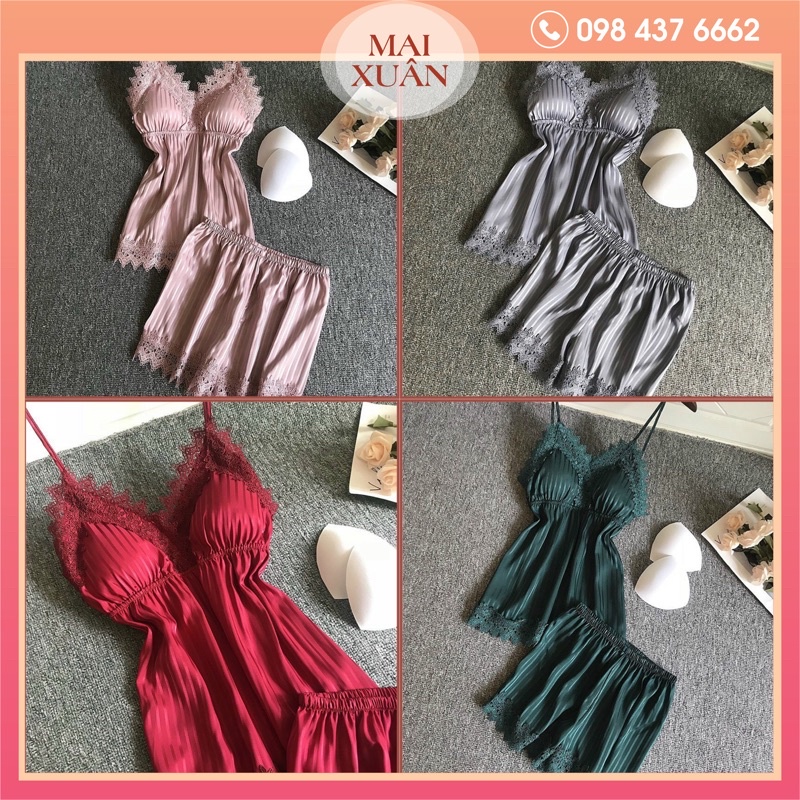 Bộ ngủ,Bộ lụa 2 dây viền ren hàng quảng châu cao cấp -Kho Sỉ Mai Xuân