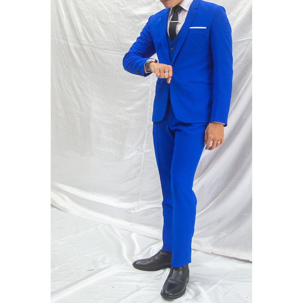 Bộ vest nam và gile + sơ mi ôm body màu xanh coban tặng cà vạt nơ