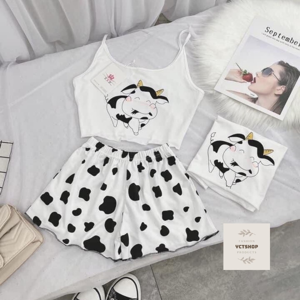 Bộ quần đùi và áo 2 dây bò sữa hot hit 2021 chất liệu: cotton