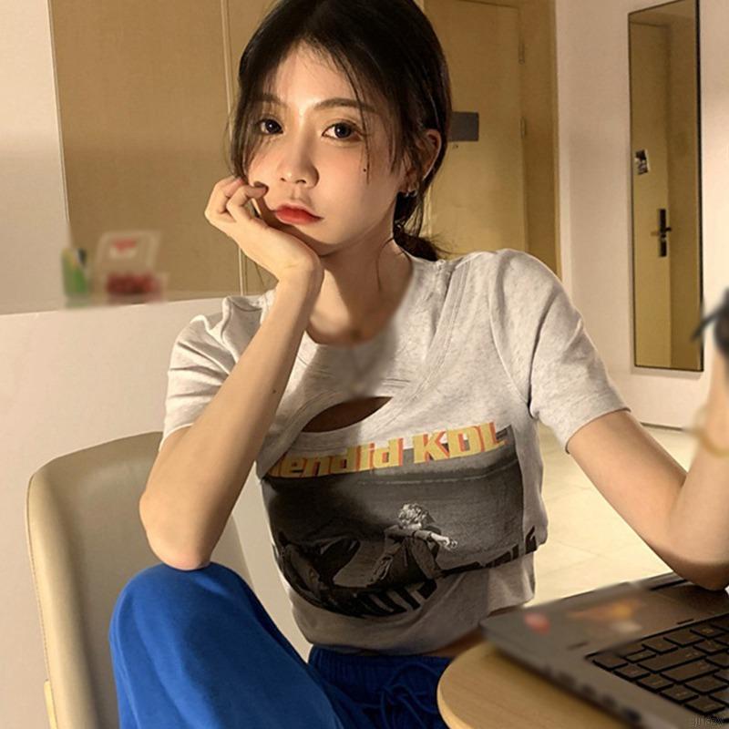 Áo thun croptop tay ngắn thiết kế khoét lỗ độc đáo phong cách Hàn Quốc thời trang mùa hè cho nữ