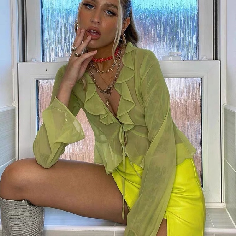 Ảnh thật - Áo voan xanh thắt nơ