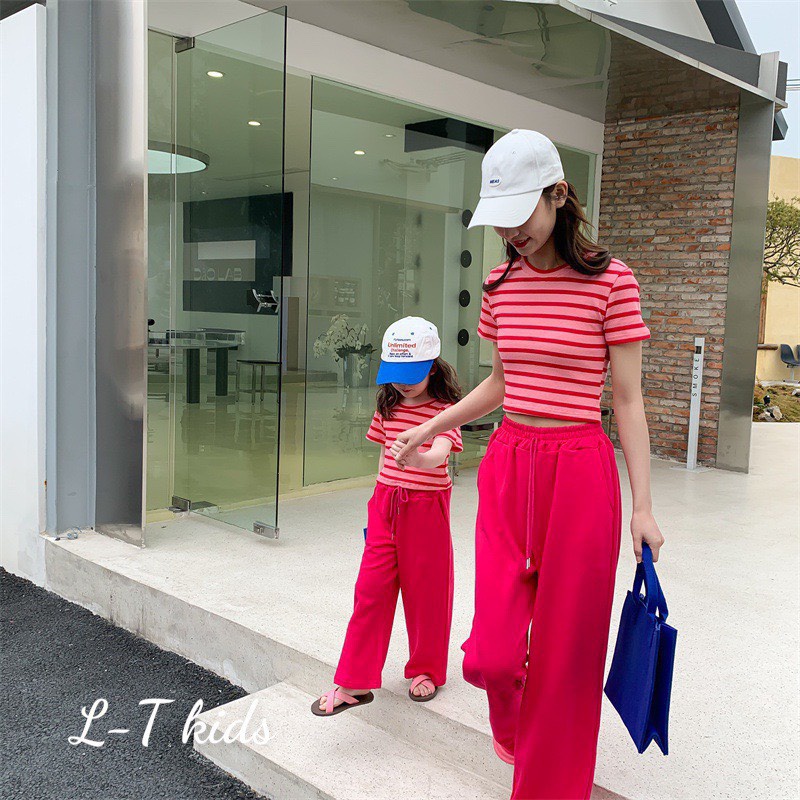 Set áo kẻ hồng quần tăm dài bé gái