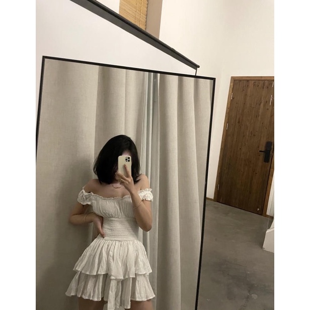 MYUNG - Đầm trễ vai 2 tầng vải voan thêu hạt nổi eo nhún - PHOEBE DRESS | BigBuy360 - bigbuy360.vn