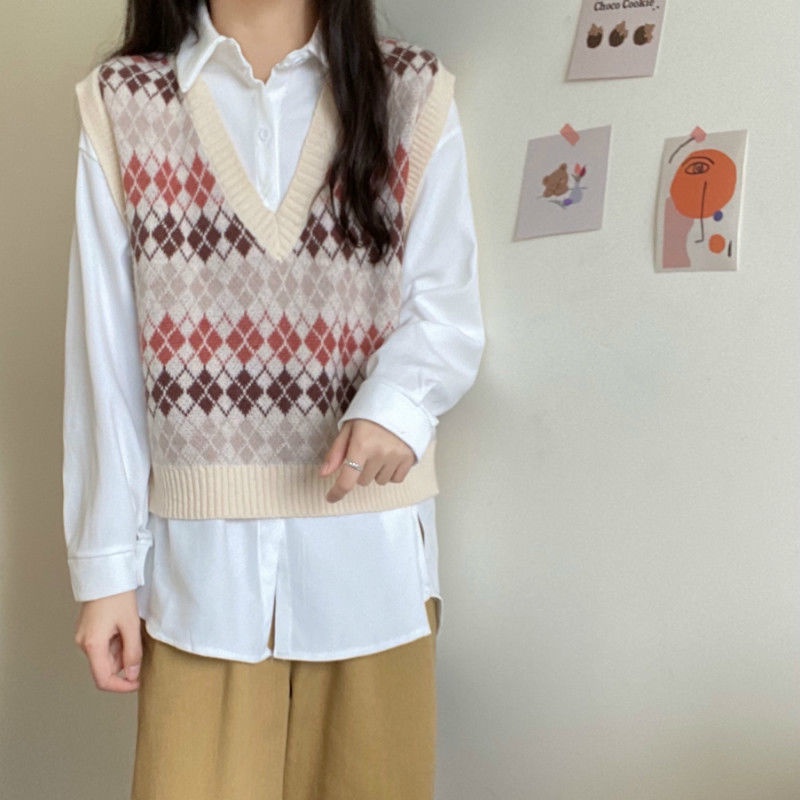 Áo Dệt Kim Không Tay Dáng Rộng Hoa Văn Kẻ Ô Phong Cách Hàn Quốc Dành Cho Nữ