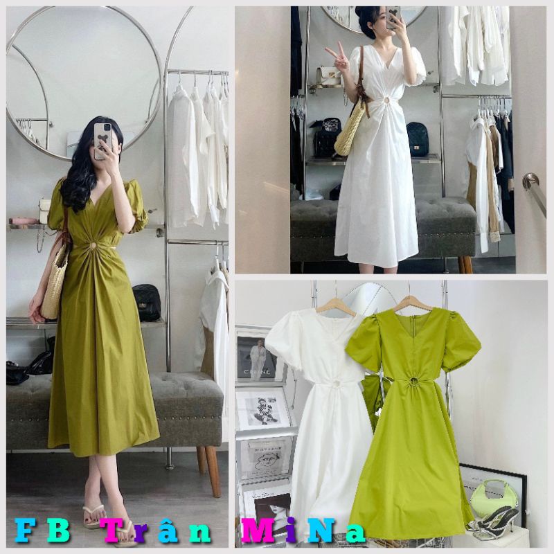 ĐẦM MIDI CỔ V KHOÉT EO KHOEN 2 MÀU