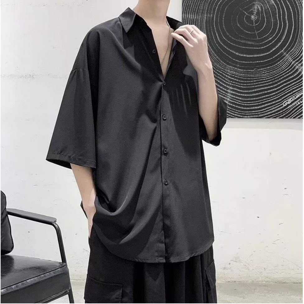 Áo sơ mi ngắn tay xẻ tà dáng rộng màu trơn phong cách Hàn Quốc mặc thường ngày retro cho nam