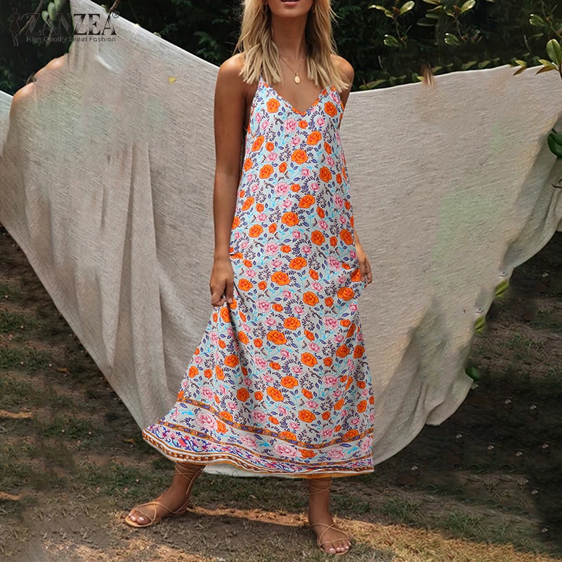 Đầm hai dây Zanzea dáng dài cổ chữ V in họa tiết phong cách Tây Âu trẻ trung thời trang cho nữ
