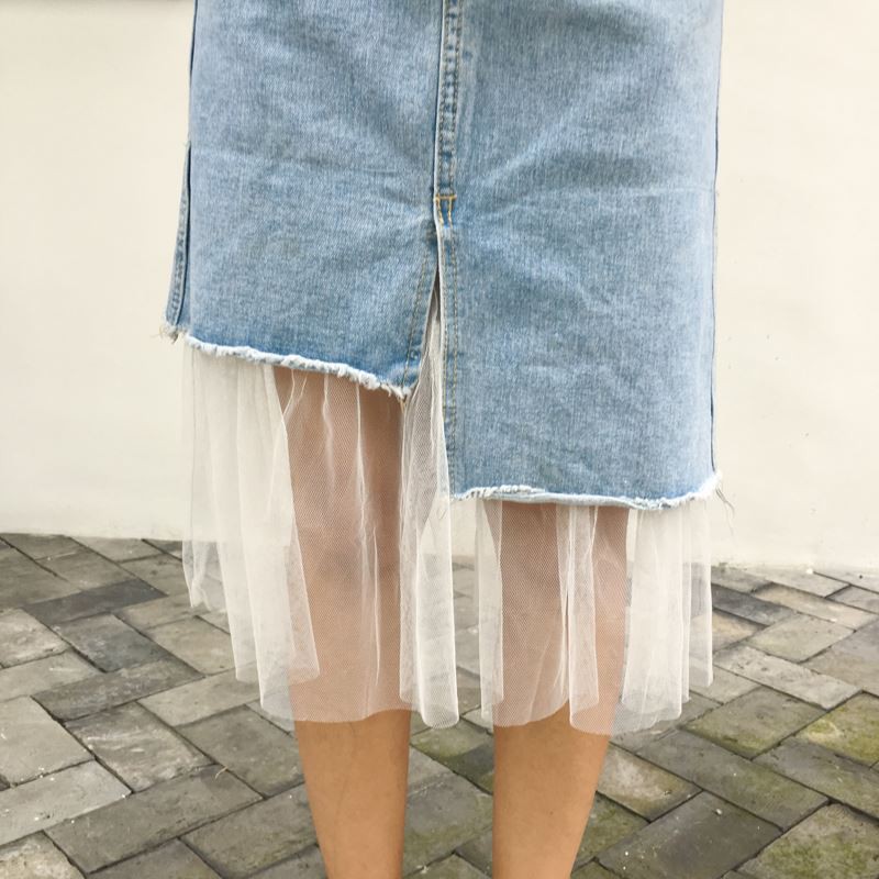 Chân váy jean ren dài