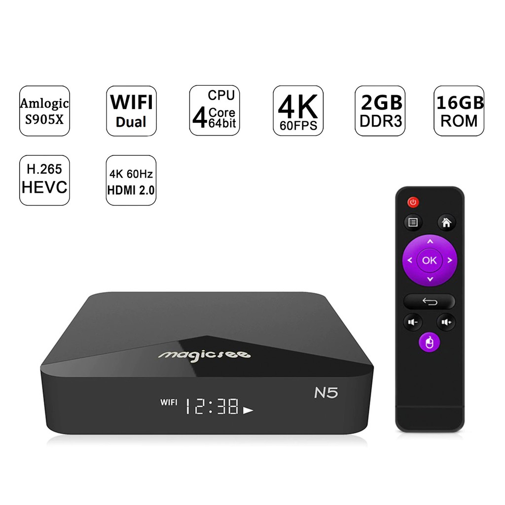 Android TV Box N5 Ram 2GB Rom 16G có bluetooth CPU Amlogic S905X cài sẵn bộ ứng dụng giải trí miễn phí vĩnh viễn