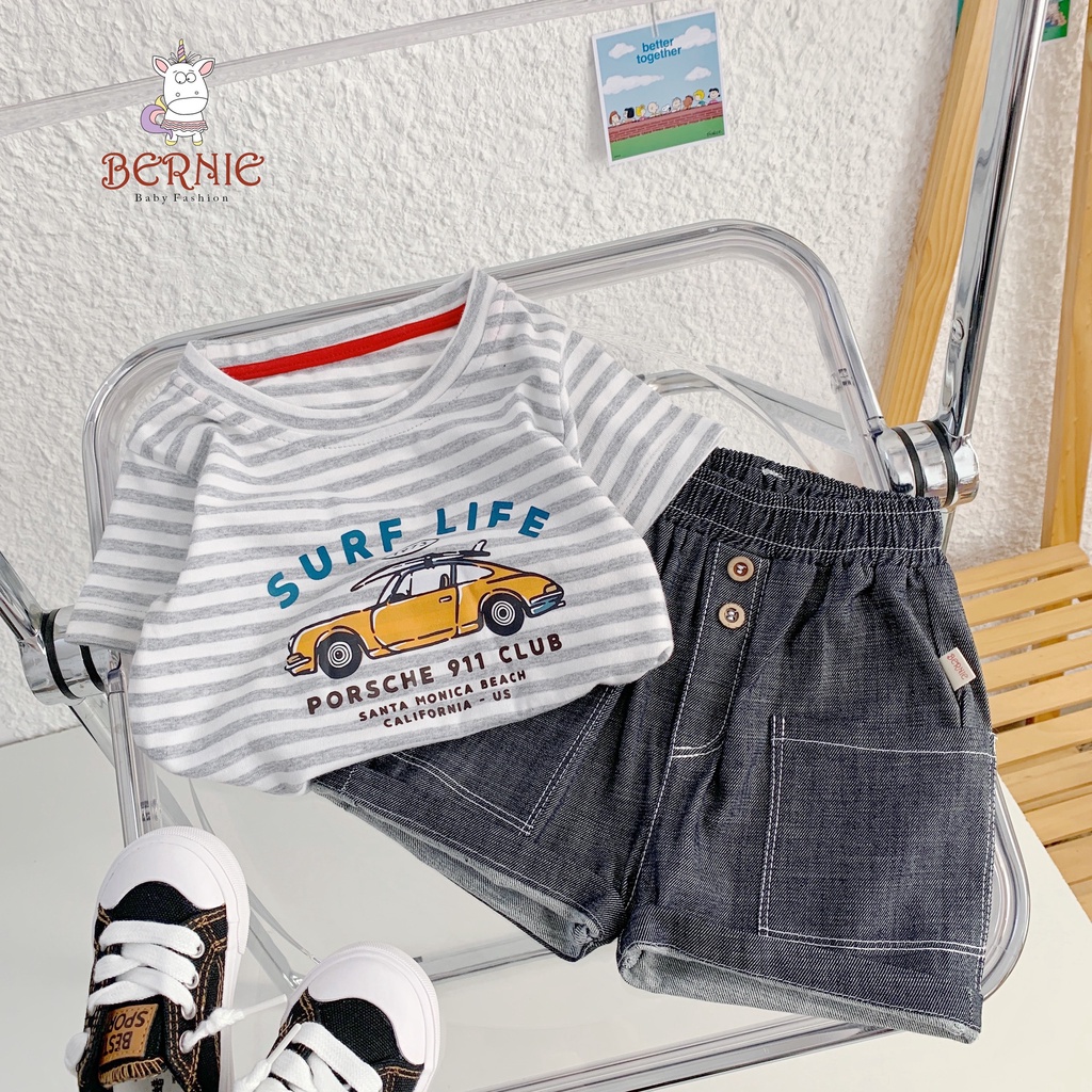 Bộ cotton hoạ tiết ô tô quần giả bò bé trai, set quần áo oto quần giả jean đẹp cho bé Bernie