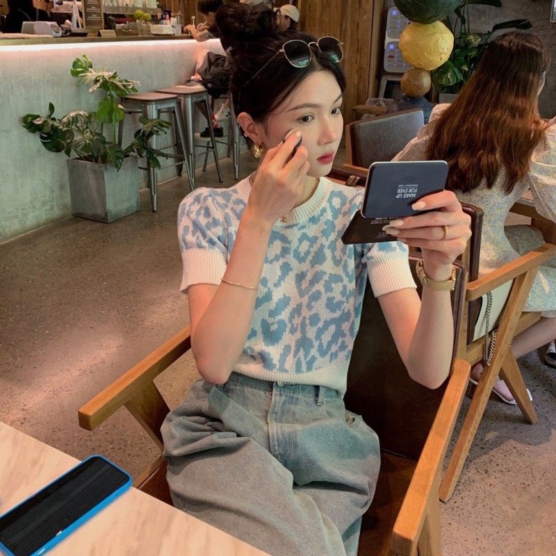 Áo dệt kim tay ngắn cổ tròn in da báo thời trang phong cách retro