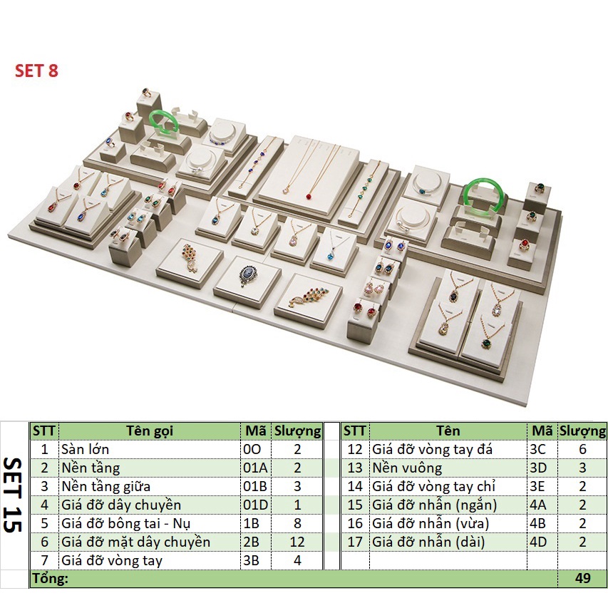 [D1CB] Bộ giá gỗ bọc da sần trưng bày trang sức lai trim chụp mẫu ảnh 3D rất đẹp 1-20 mẫu
