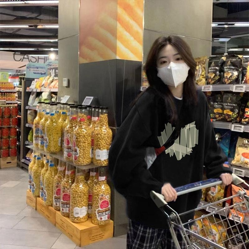 ZHELIHANGFEI Áo Thun Sweater Tay Dài Dáng Rộng In Chữ Preppy Dễ Thương